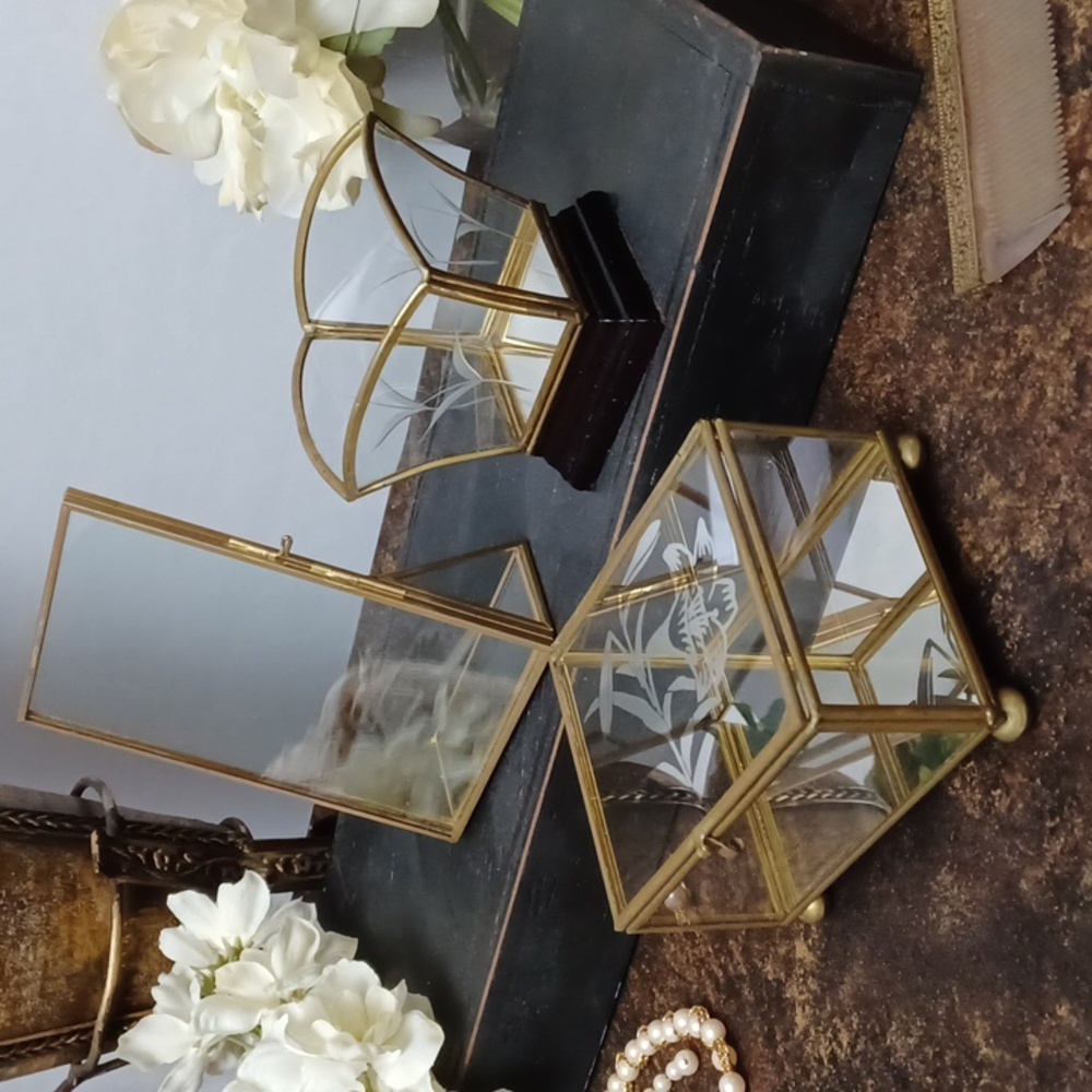 Bundle of 3 Vintage Vanity Room Decor Glass Brass Gold Jewelry Box Gold Decor